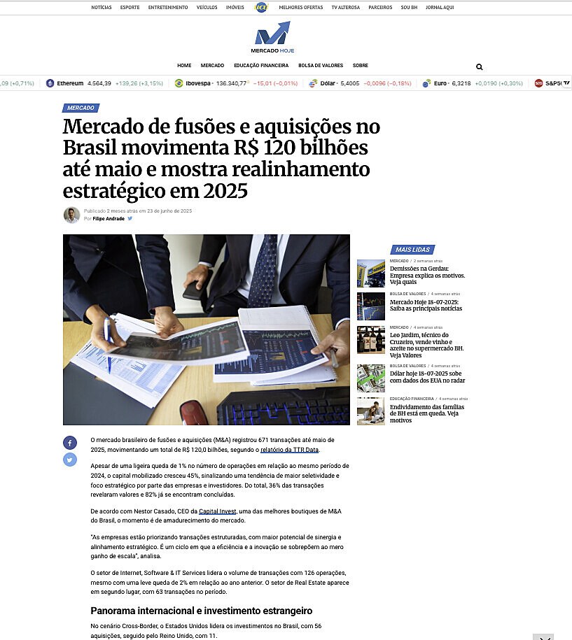 Mercado de fuses e aquisies no Brasil movimenta R$ 120 bilhes at maio e mostra realinhamento estratgico em 2025